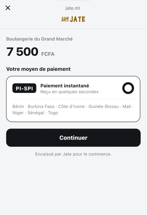 La page de paiement Jate : 7 500 FCFA, paiement instantané PI-SPI, les huit pays de l'Union