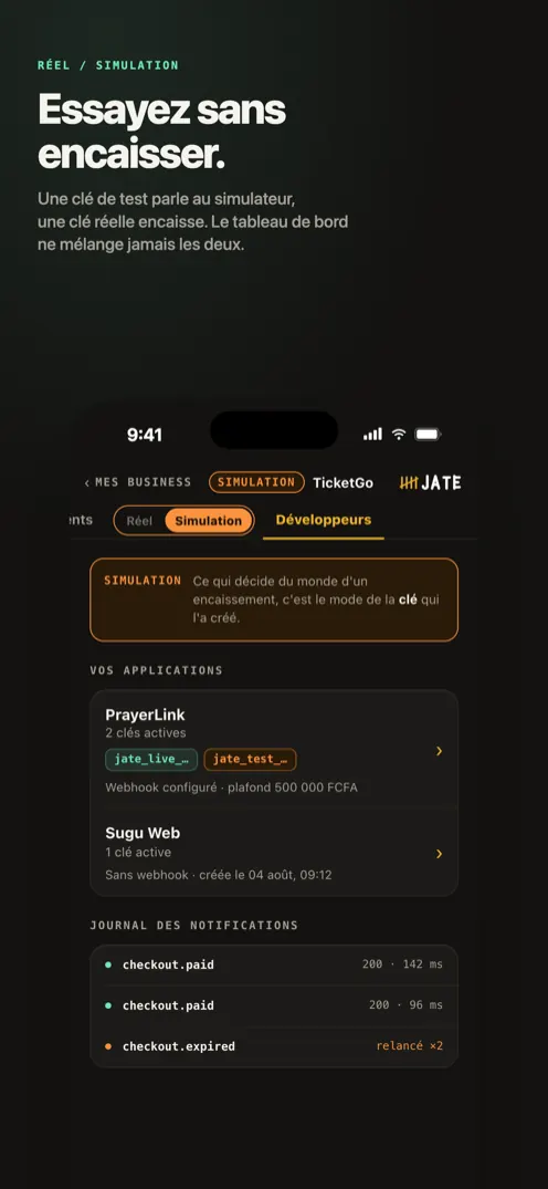 Le mode simulation, les clés et le journal des notifications
