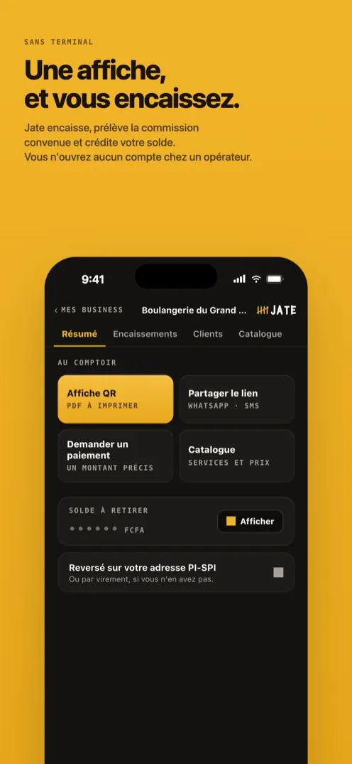 Le tableau de bord : QR code à imprimer, lien à partager, solde à retirer